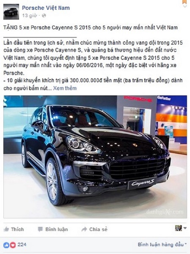 Trang fanpage Porsche Việt Nam đăng tin tri ân khách hàng và tặng 5 xe Porsche cho các khách hàng may mắn