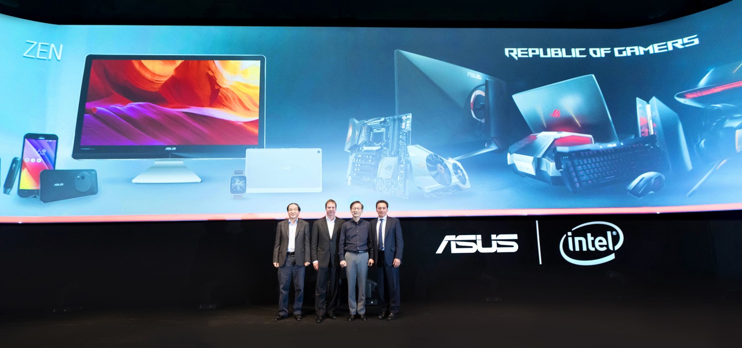 ASUS VP Eric Chen, Intel VP Kirk Skaugen, ASUS Chairman Jonney Shih and Intel VP Christian Morales celebrate strong parternship and collaboration on latest innovations