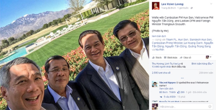 Bức ảnh selfie giữa Thủ tướng Singapore Lý Hiển Long, Thủ tướng Việt Nam Nguyễn Tấn Dũng, Thủ tướng Campuchia Hunsen và Bộ trưởng Ngoại giao Lào