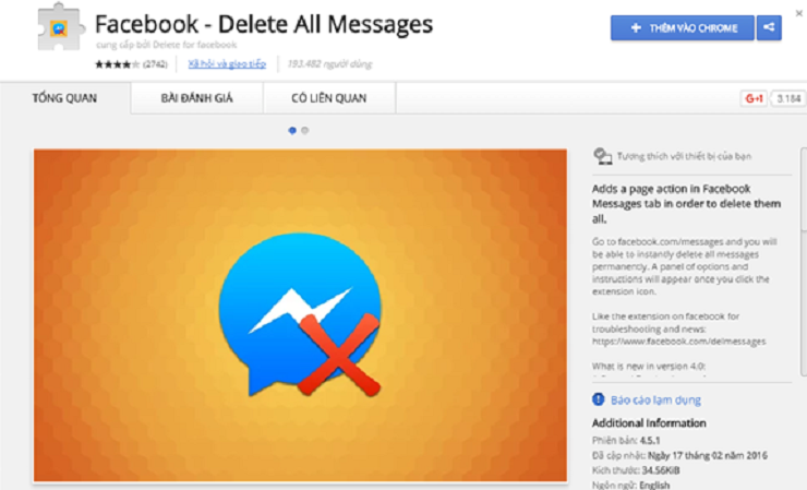 Thêm tiện ích Facebook - Delete All Messages vào trình duyệt Google Chrome