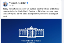 Tổng thống Biden hoan nghênh khoản đầu tư 4 tỉ USD của VinFast tại Mỹ