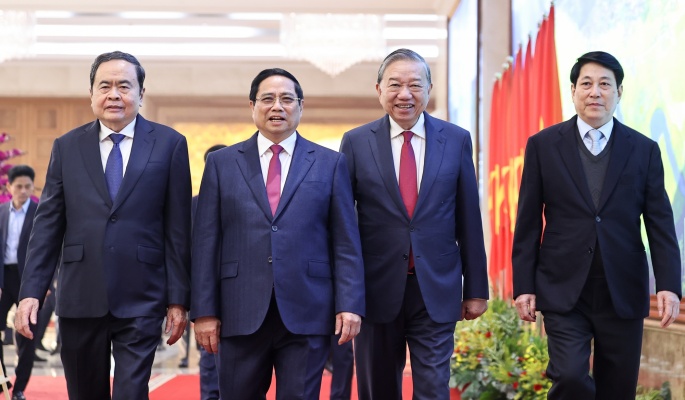 Tổng Bí thư Tô Lâm và các đồng chí lãnh đạo chủ chốt dự Hội nghị toàn quốc Chính phủ và chính quyền địa phương